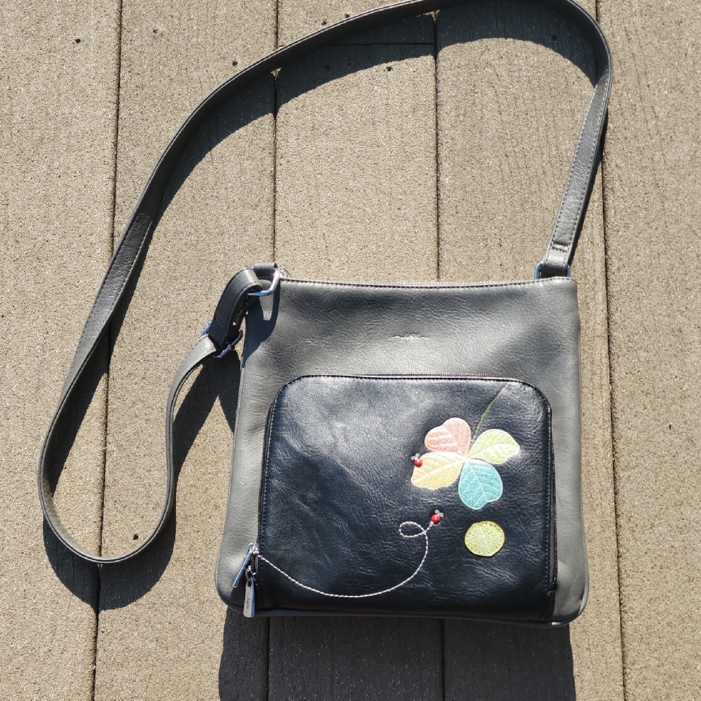 Espe Elegant Black and Gray Crossbody Bag with Floral Accent Lafybugs Vacation